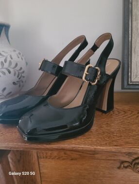 Sam Edelman Black Patent Slingback Block Heel Mary Jane Pumps
